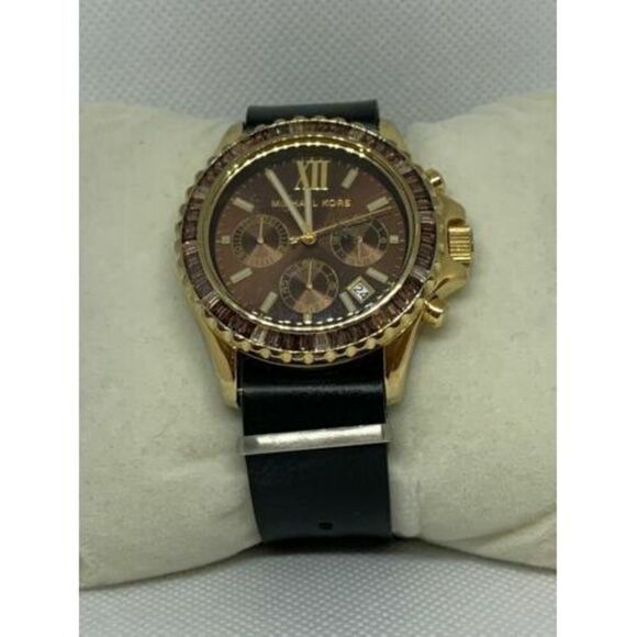 Michael Kors MK5873 Women's Watch Chronograph Brown Dial Black Leather Band C437 - Picture 1 of 9